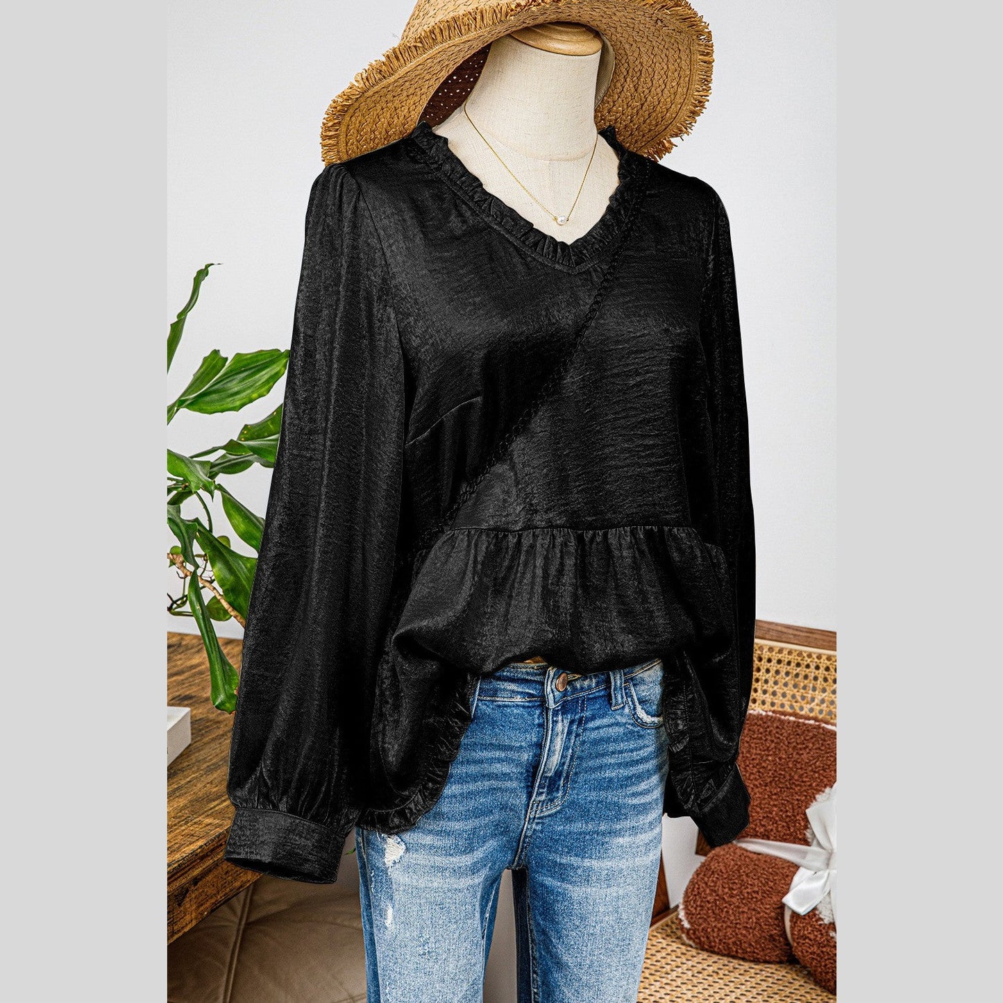 Ellie Mae Black Metallic Frilled V Neck Puff Sleeve Babydoll Blouse