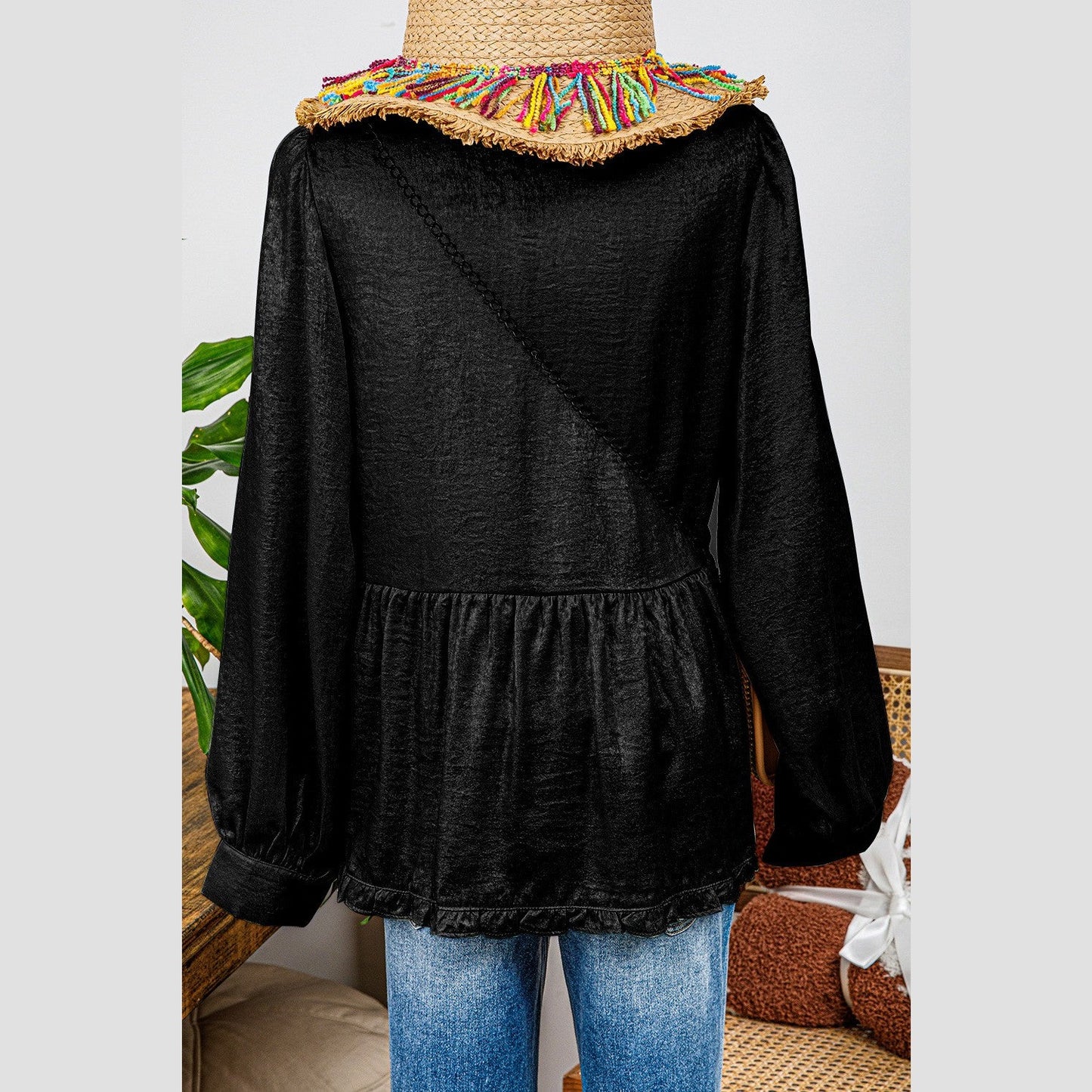 Ellie Mae Black Metallic Frilled V Neck Puff Sleeve Babydoll Blouse