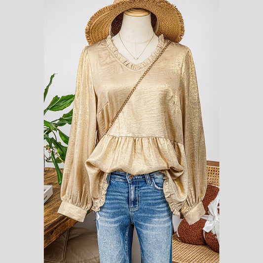 Ellie Mae Gold Metallic Frilled V Neck Puff Sleeve Babydoll Blouse