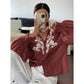 Embry Wine Embroidered Pearl Button Lantern Sleeve Blouse