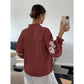 Embry Wine Embroidered Pearl Button Lantern Sleeve Blouse