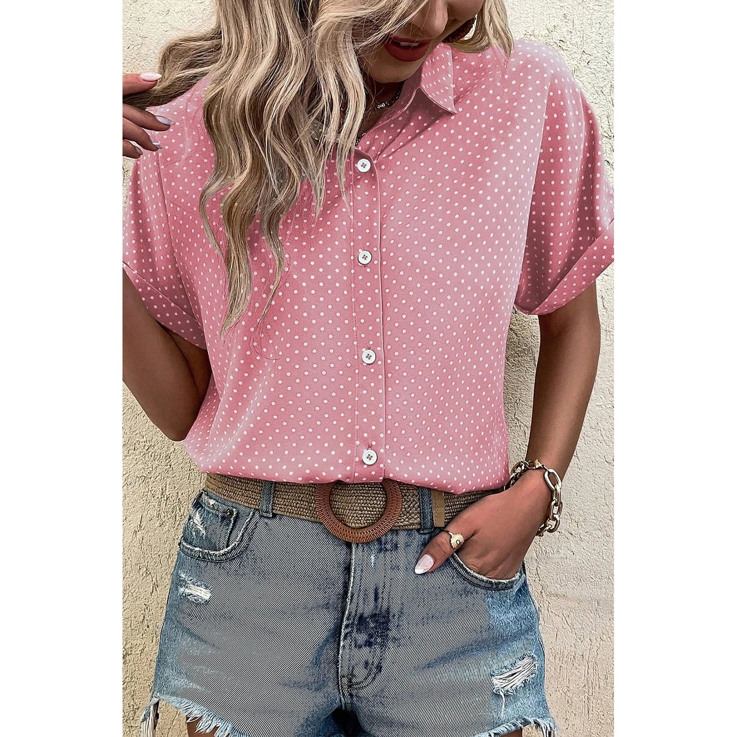 Emilee Pink Dotted Print Cuffed Short Sleeve Shirt