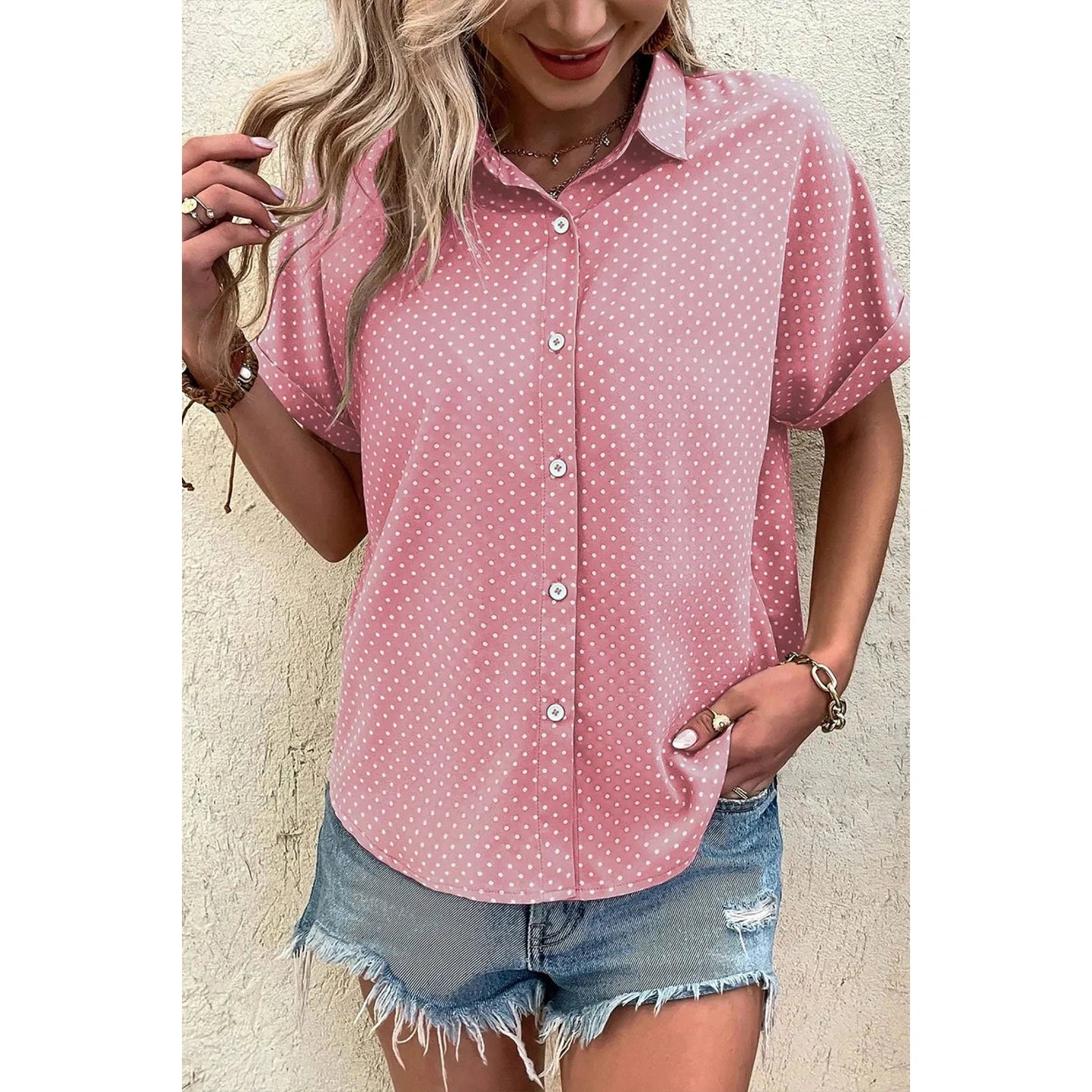 Emilee Pink Dotted Print Cuffed Short Sleeve Shirt