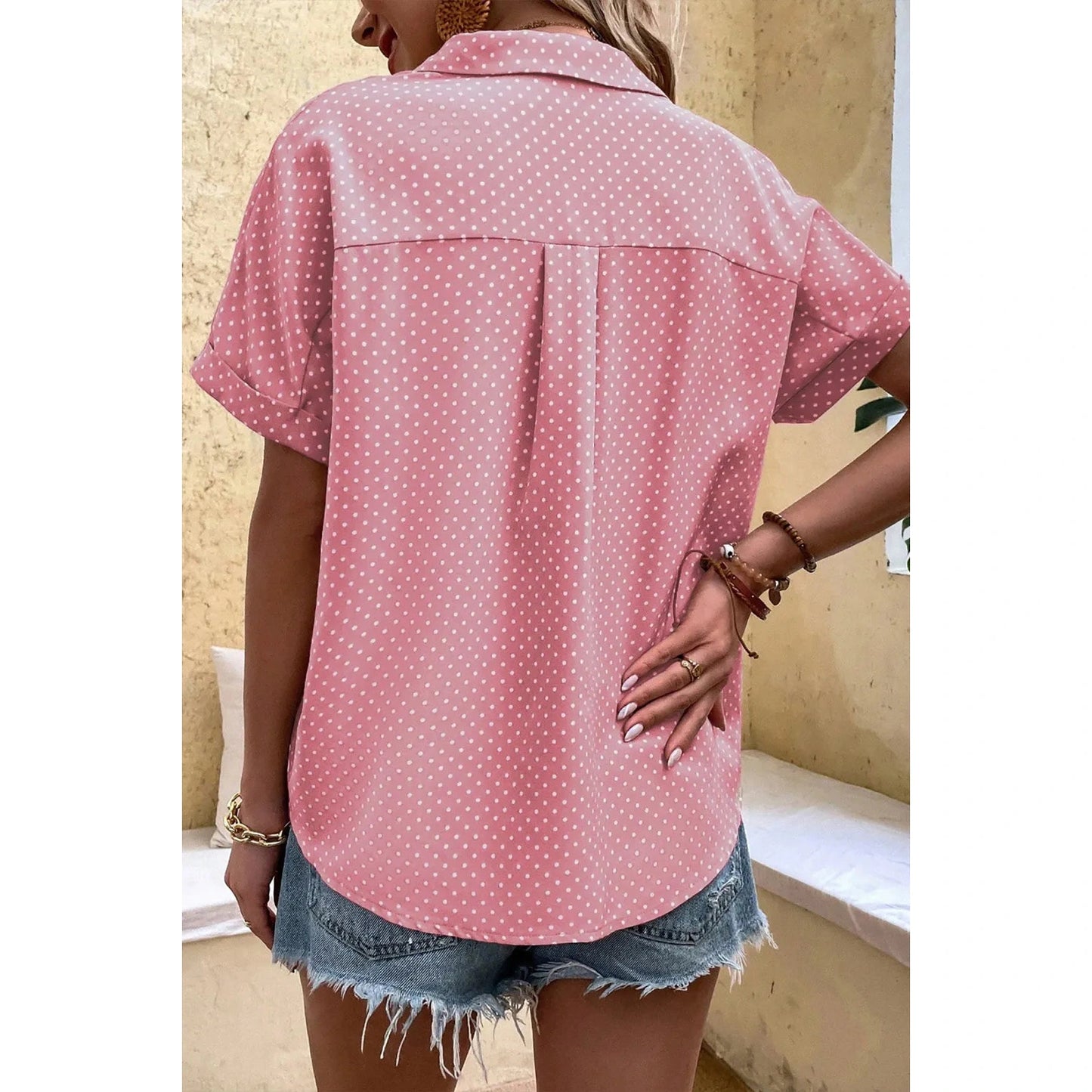 Emilee Pink Dotted Print Cuffed Short Sleeve Shirt