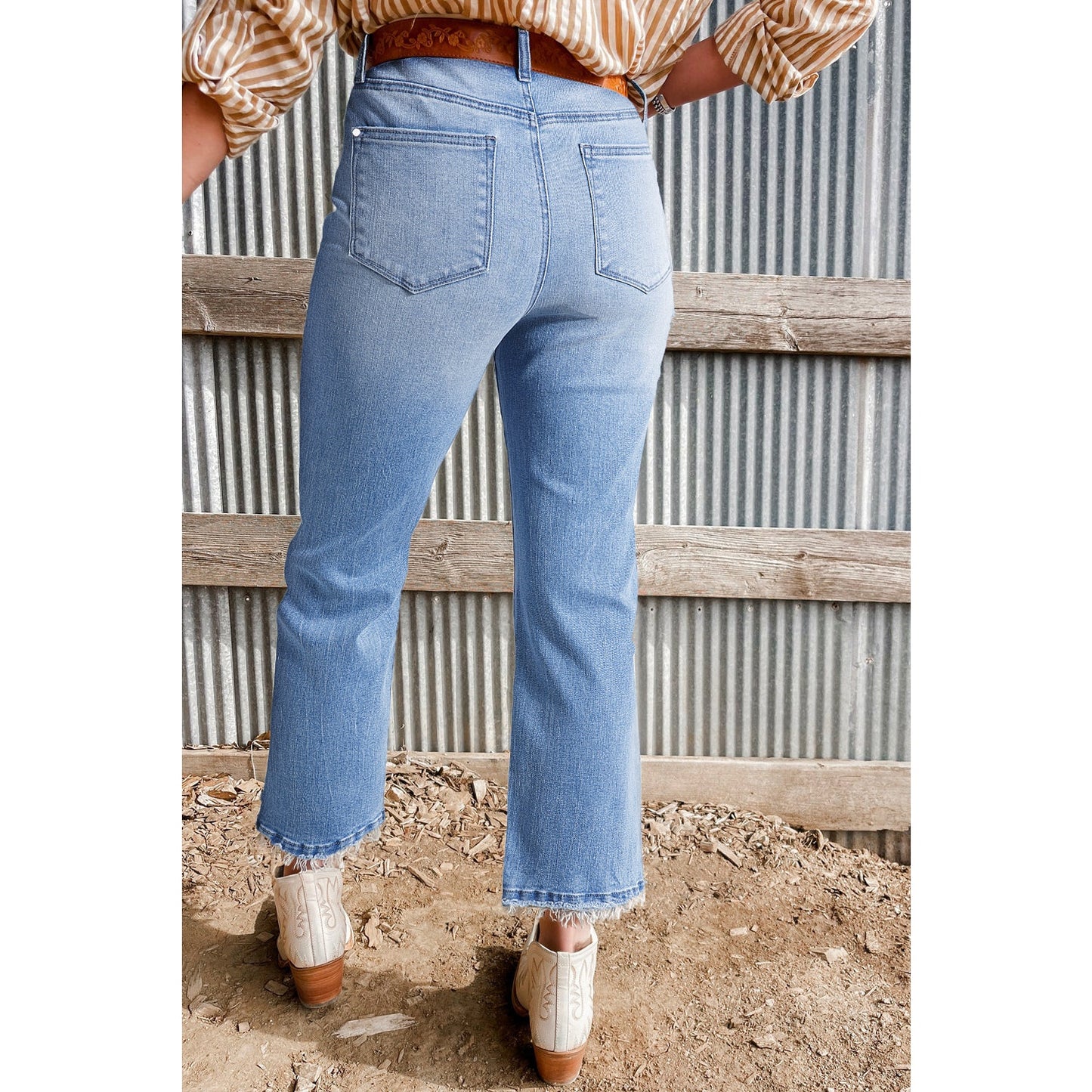 Emilijah Beau Blue Mineral Wash Raw Hem High Waist Flared Jeans
