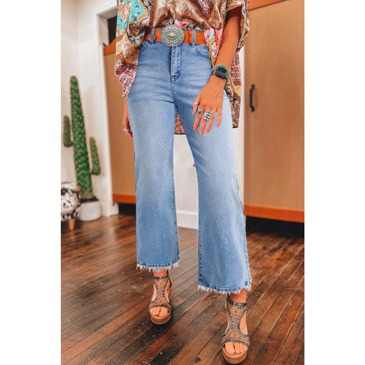 Emilijah Beau Blue Mineral Wash Raw Hem High Waist Flared Jeans