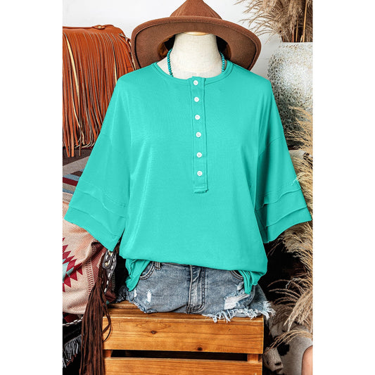 RTS Emily Green Half Sleeve Buttons Henley Top