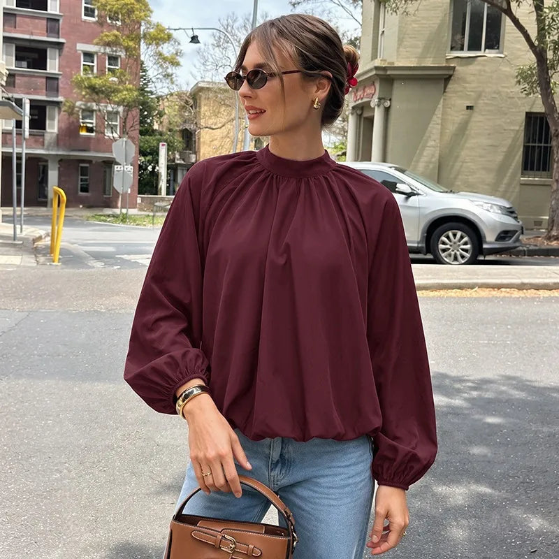 Emily Burgundy Gathered Neckline Blouse