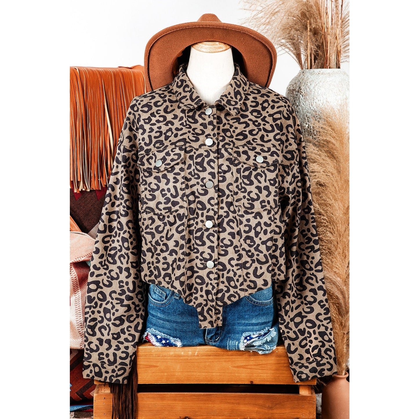 Emma Jane Dark Khaki Leopard Print Corduroy Irregular Hem Buttoned Jacket