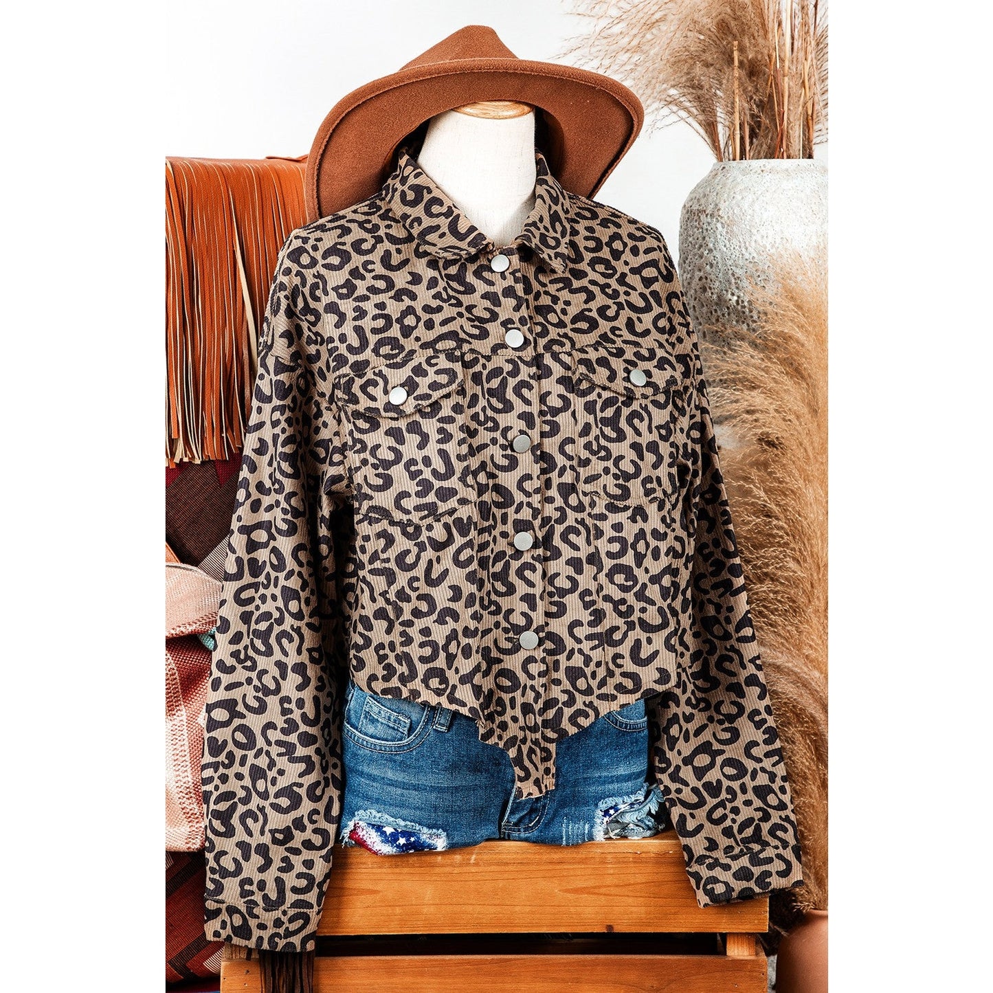 Emma Jane Dark Khaki Leopard Print Corduroy Irregular Hem Buttoned Jacket