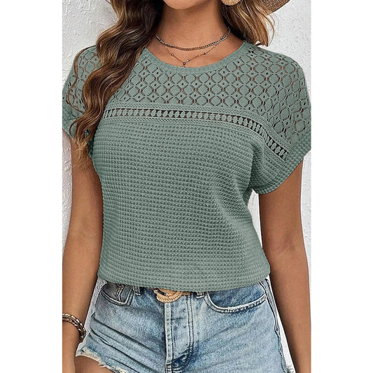 Emma Mist Green Lace Patchwork Waffle Short Sleeve Top