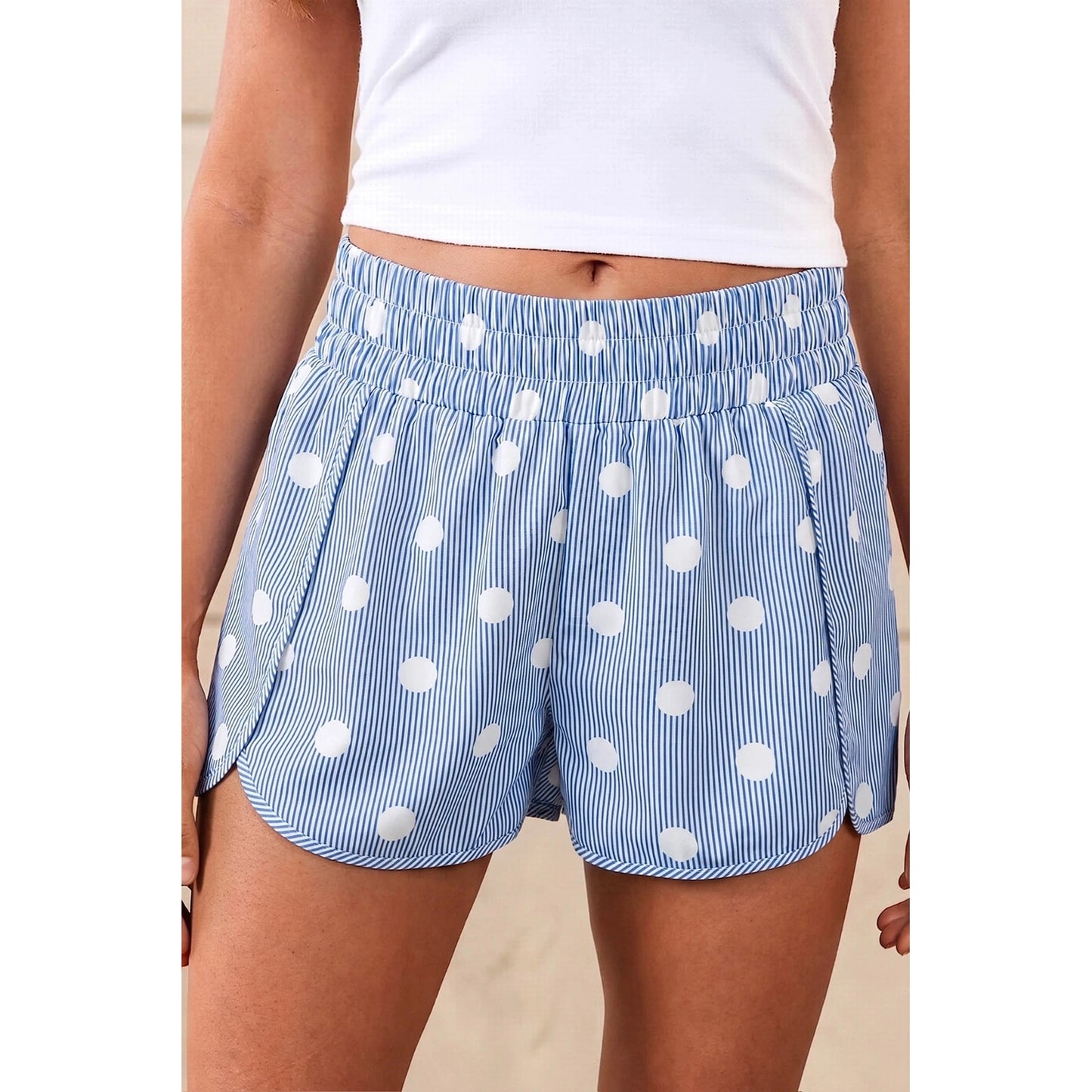 Erma Nell Blue Polka Dot Print Shirred High Waist Casual Shorts