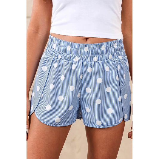 Erma Nell Blue Polka Dot Print Shirred High Waist Casual Shorts