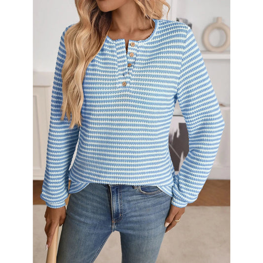 Erika Blue Notch Neck Quarter Button Top