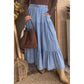Erin Rose Beau Blue Elastic Waist Ruffled Tiered Flared Denim Maxi Skirt