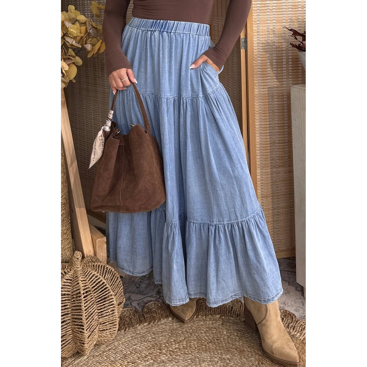 Erin Rose Beau Blue Elastic Waist Ruffled Tiered Flared Denim Maxi Skirt