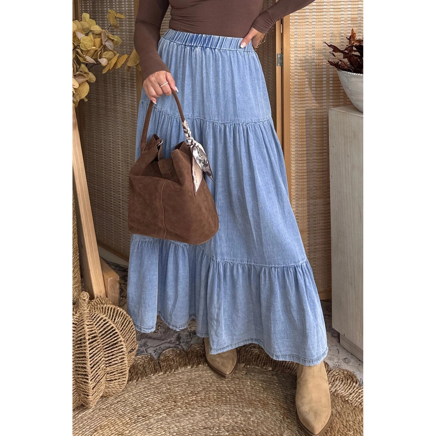Erin Rose Beau Blue Elastic Waist Ruffled Tiered Flared Denim Maxi Skirt