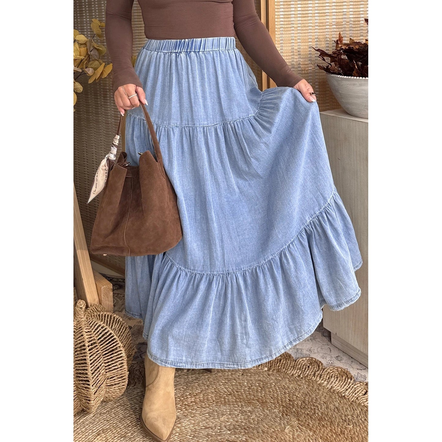 Erin Rose Beau Blue Elastic Waist Ruffled Tiered Flared Denim Maxi Skirt