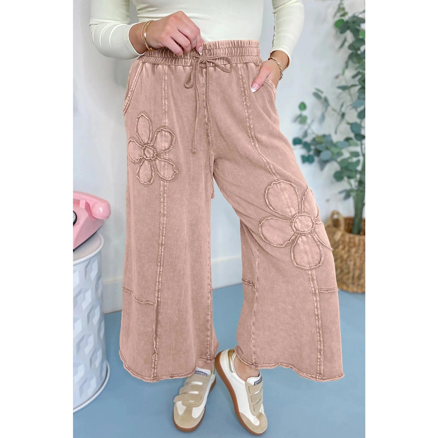 Erina Buckskin Flower Patch Mineral Washed Terry Knit Cropped Wide Leg Pants