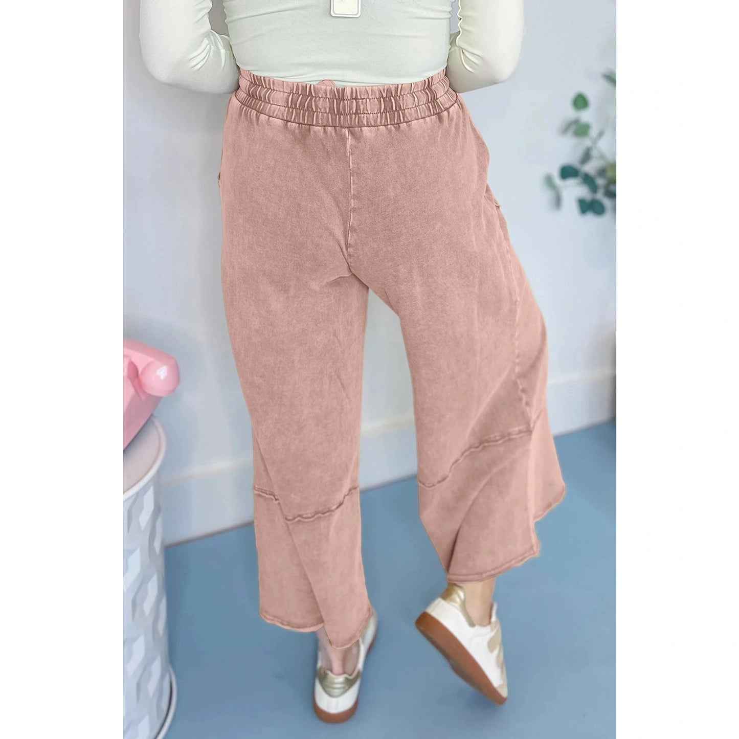 Erina Buckskin Flower Patch Mineral Washed Terry Knit Cropped Wide Leg Pants