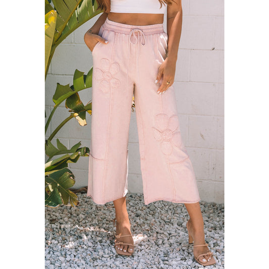 Erina Pink Flower Patch Mineral Washed Terry Knit Cropped Wide Leg Pants