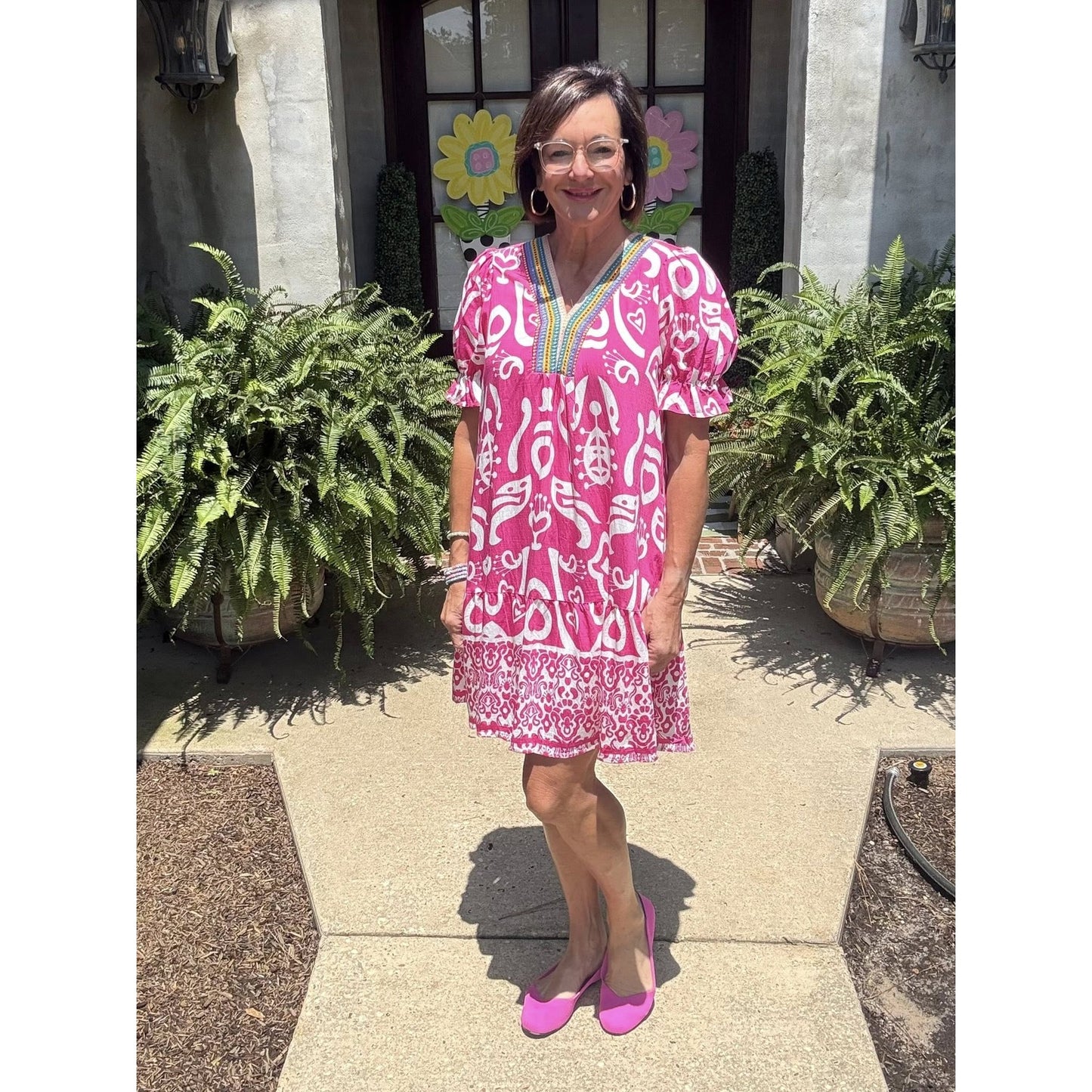 SALE!!!  Erlinda Boho Mixed Print Contrast Trim V Neck Short Sleeve Flared Dress