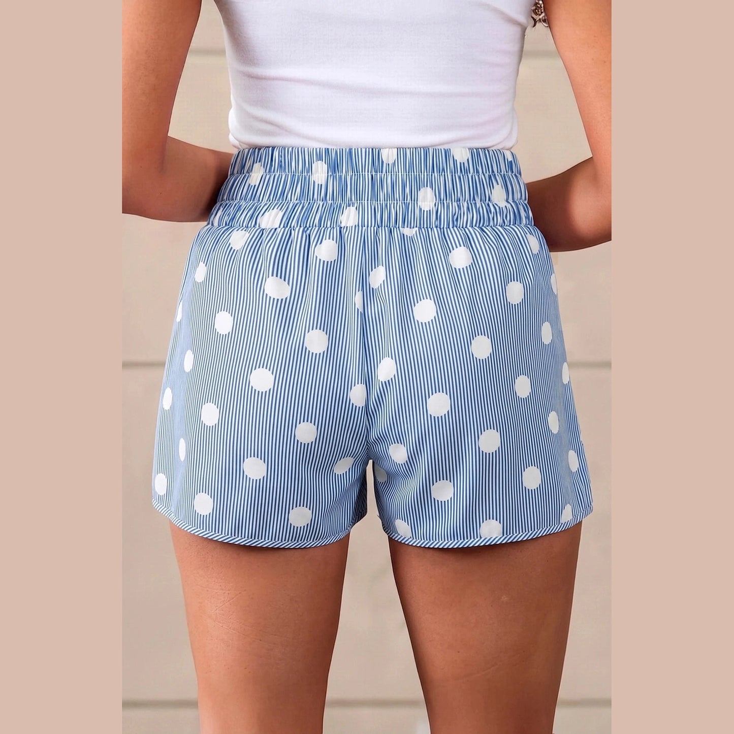 Erma Nell Blue Polka Dot Print Shirred High Waist Casual Shorts
