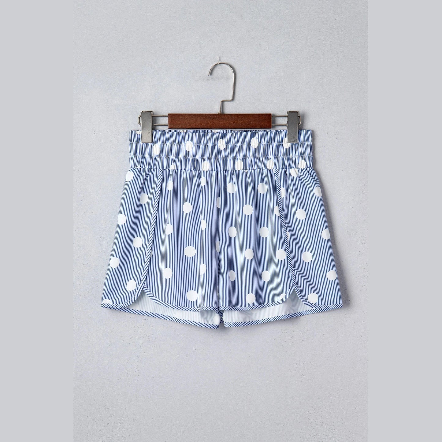 Erma Nell Blue Polka Dot Print Shirred High Waist Casual Shorts