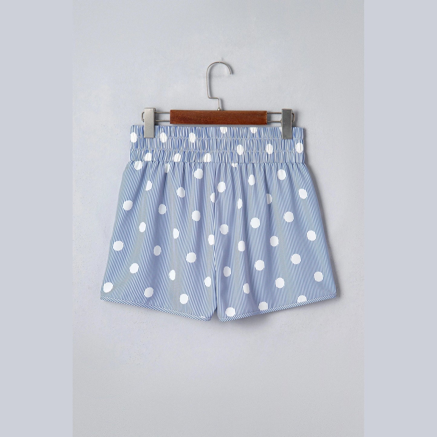 Erma Nell Blue Polka Dot Print Shirred High Waist Casual Shorts