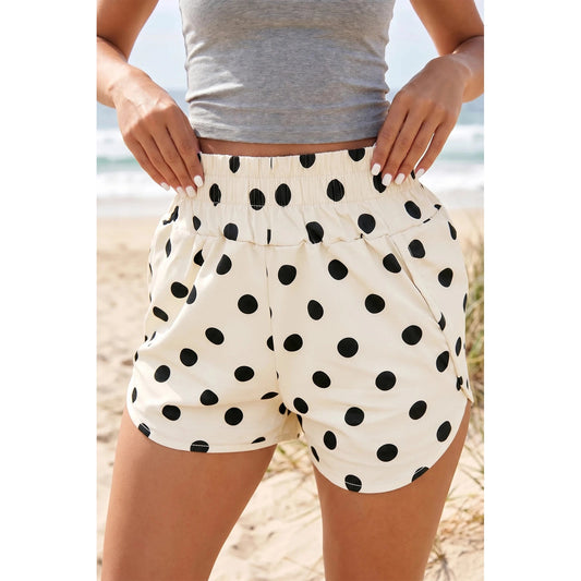 Erma Nell Apricot Polka Dot Print Shirred High Waist Casual Shorts