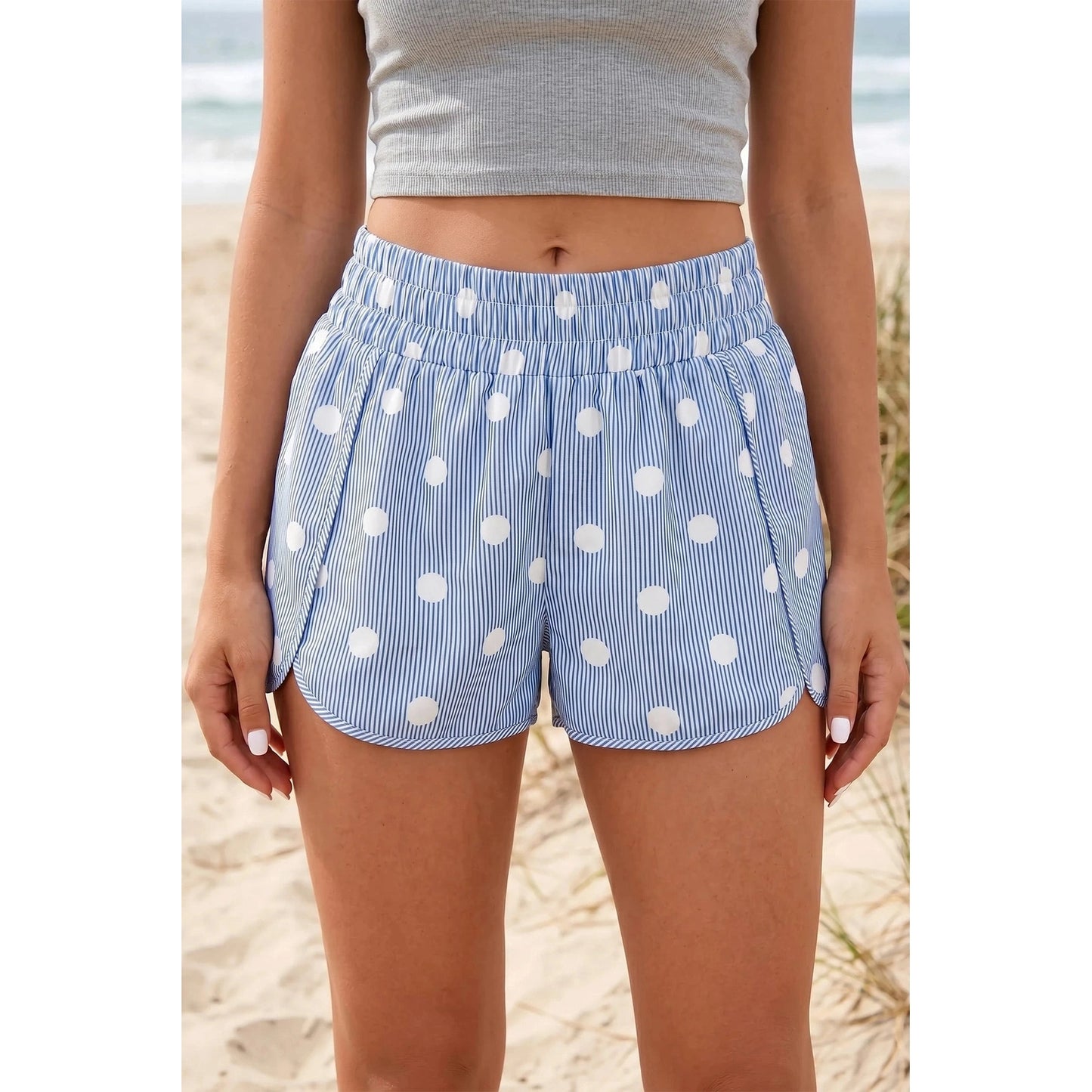 Erma Nell Blue Polka Dot Print Shirred High Waist Casual Shorts