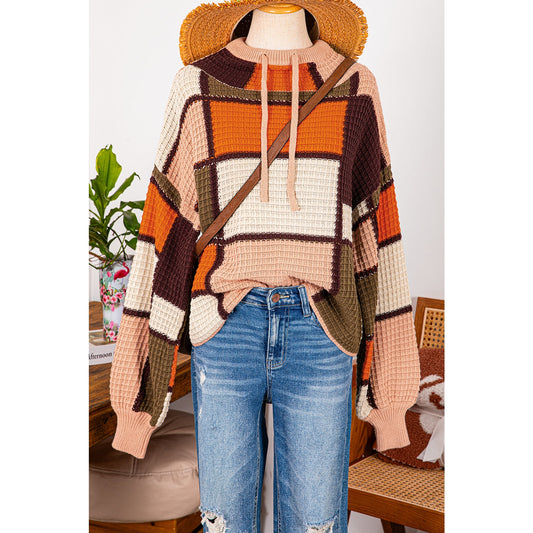 Eryn Orange Color Block Waffle Knit Drawstring Mock Neck Sweater