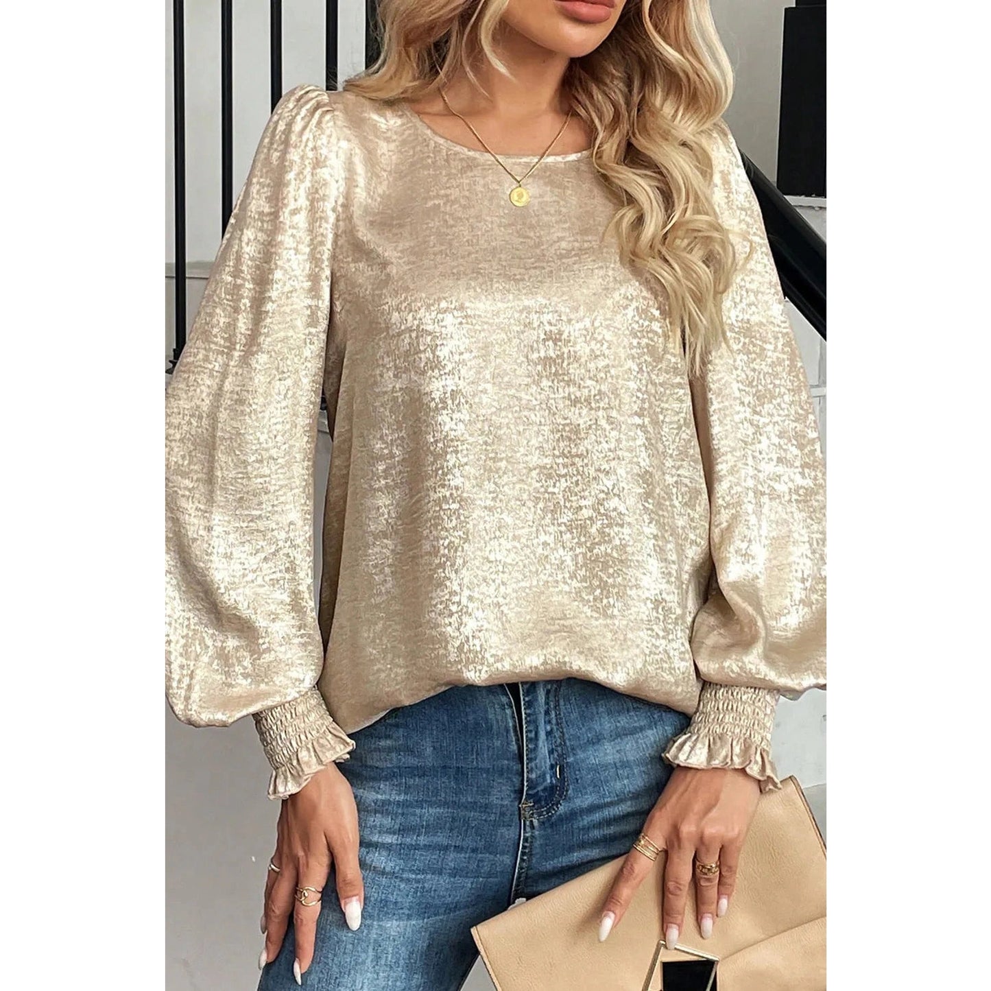 Esther Metallic Round Neck Smocked Long Sleeve Blouse