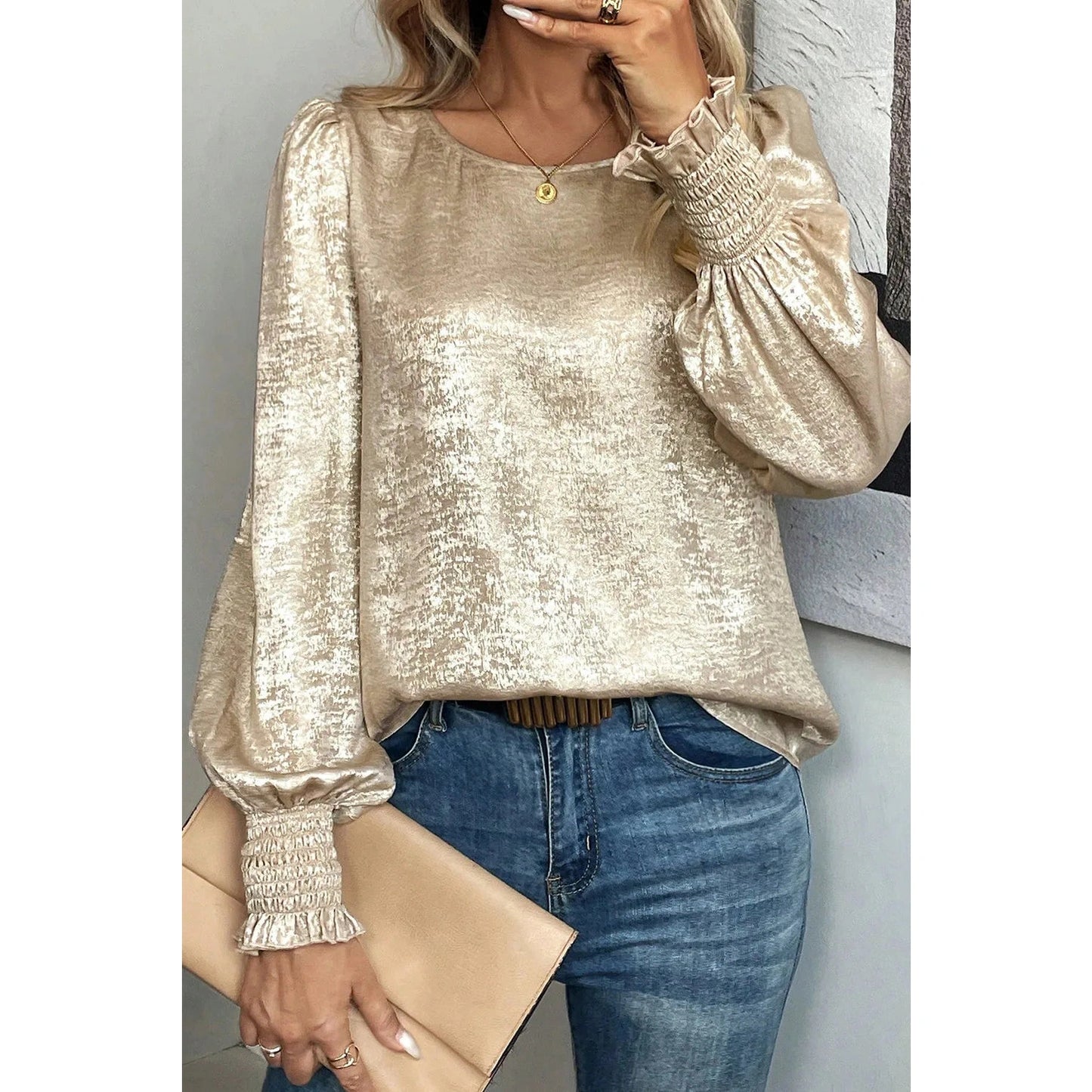 Esther Metallic Round Neck Smocked Long Sleeve Blouse