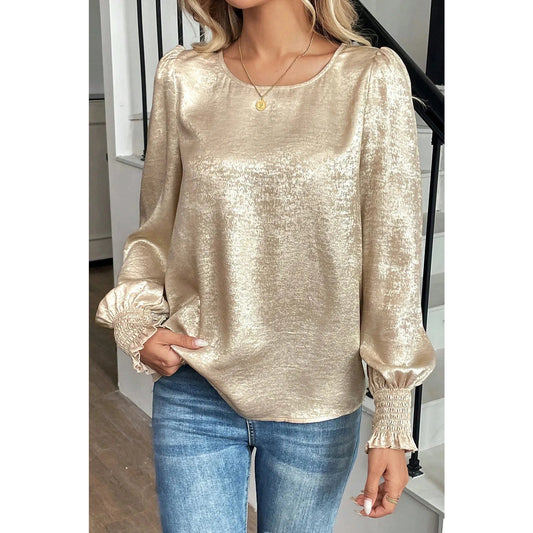 Esther Metallic Round Neck Smocked Long Sleeve Blouse