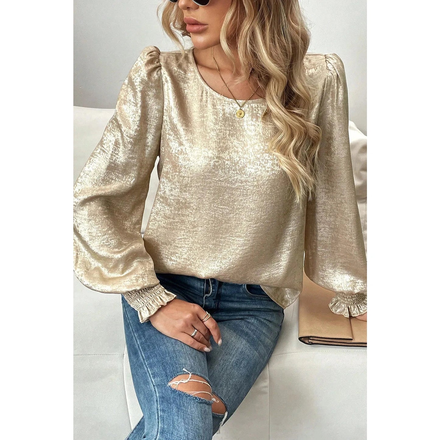 Esther Metallic Round Neck Smocked Long Sleeve Blouse