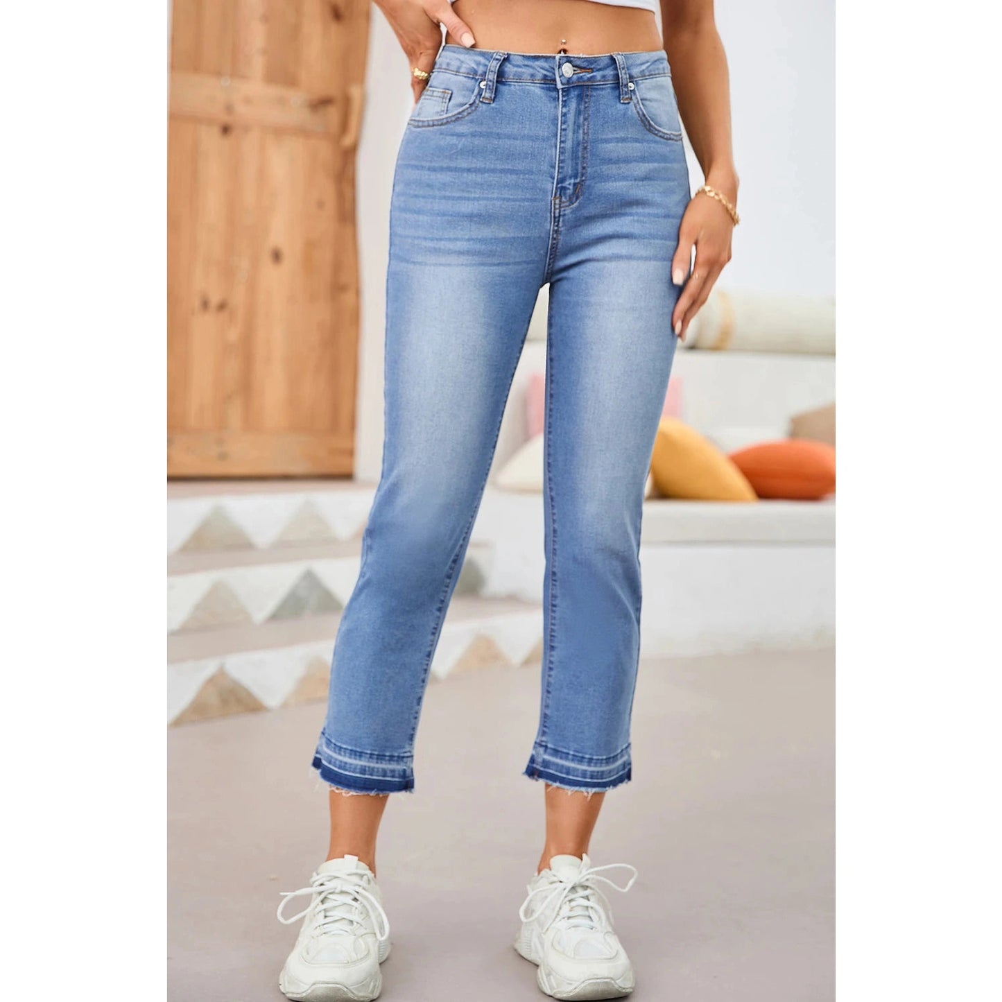Evalynn Sky Blue Whiskered Wash Raw Hem Cropped Jeans