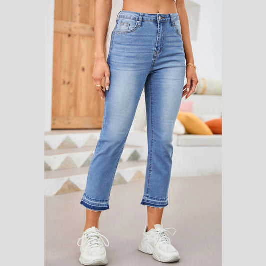 Evalynn Sky Blue Whiskered Wash Raw Hem Cropped Jeans