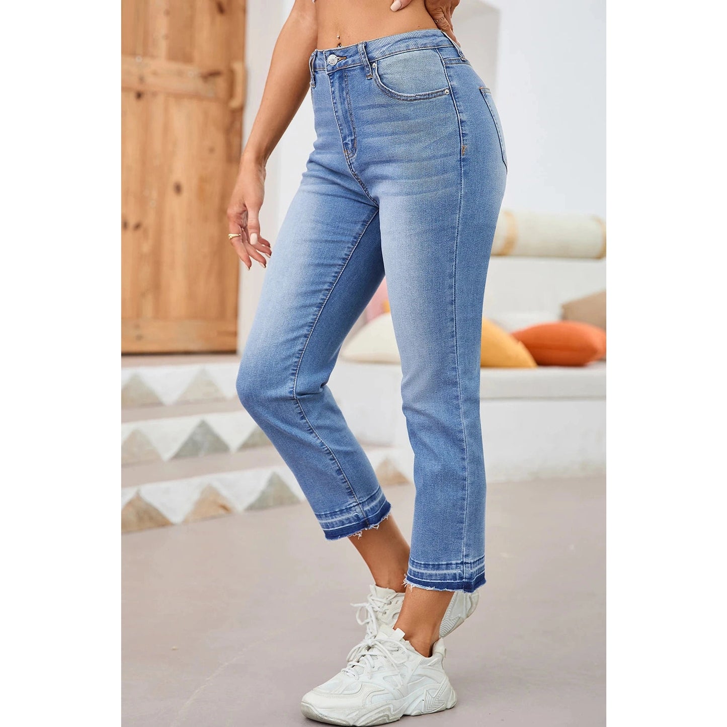 Evalynn Sky Blue Whiskered Wash Raw Hem Cropped Jeans