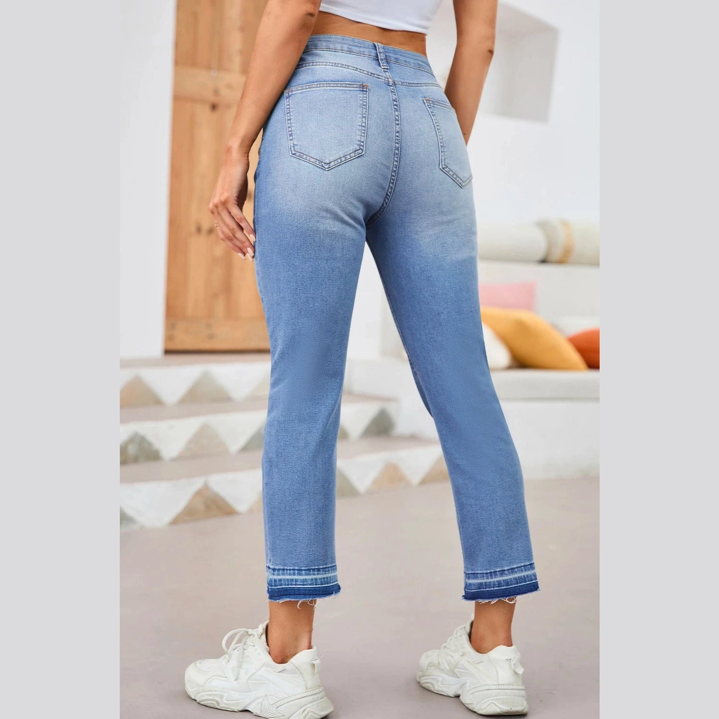 Evalynn Sky Blue Whiskered Wash Raw Hem Cropped Jeans
