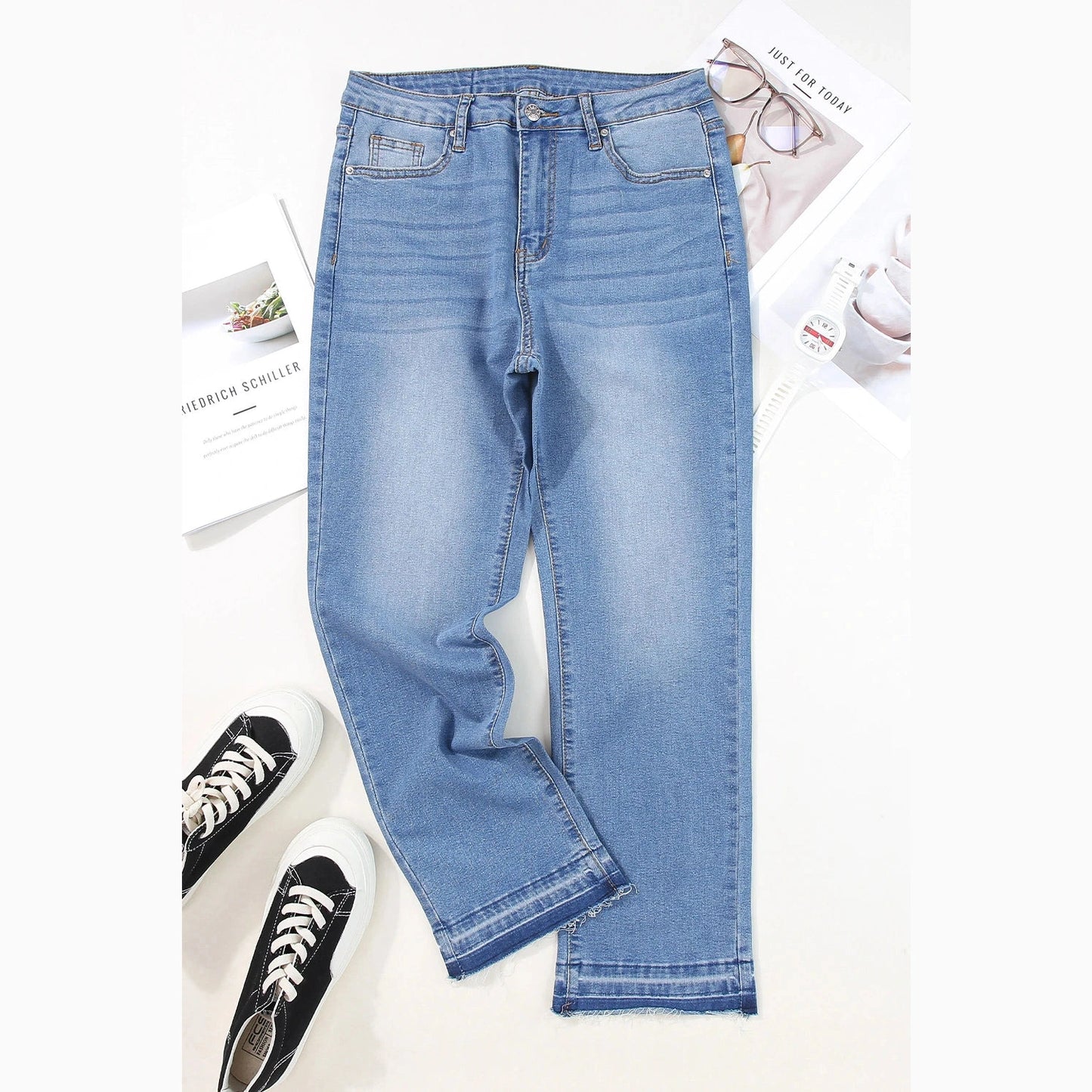 Evalynn Sky Blue Whiskered Wash Raw Hem Cropped Jeans