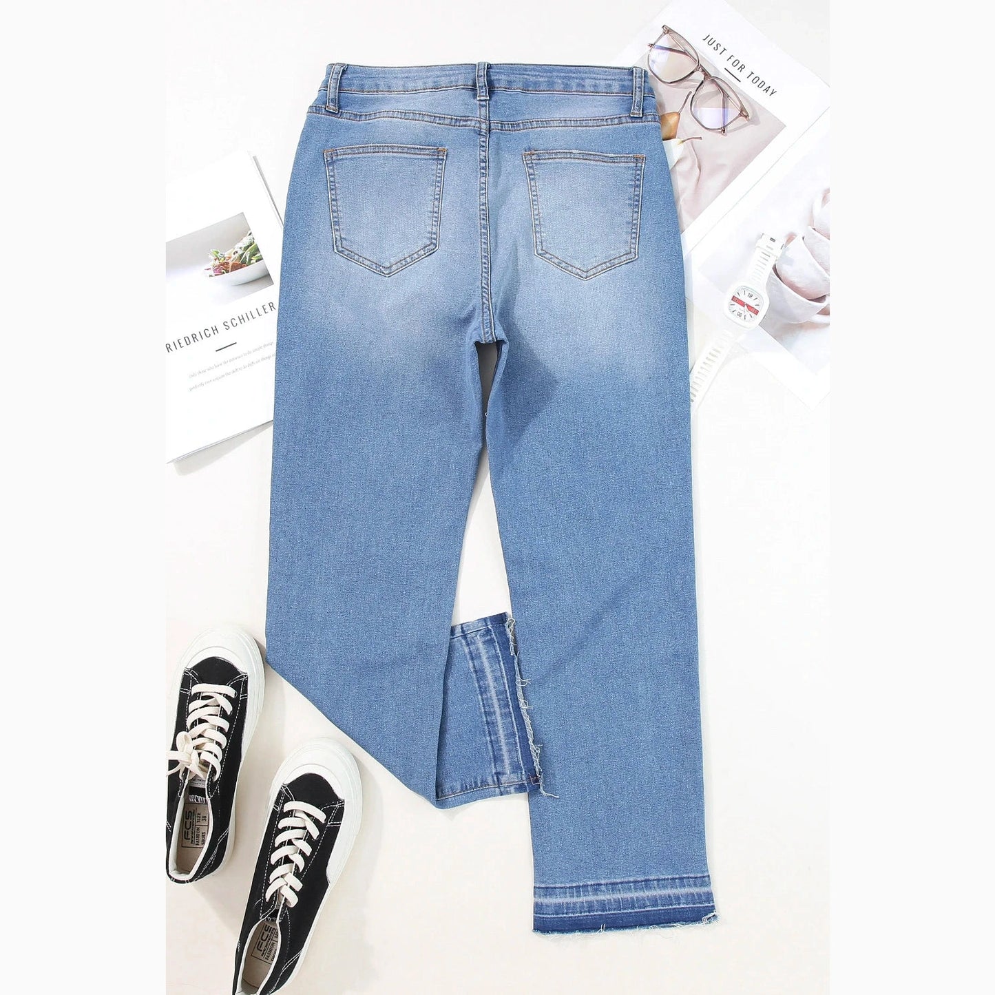 Evalynn Sky Blue Whiskered Wash Raw Hem Cropped Jeans