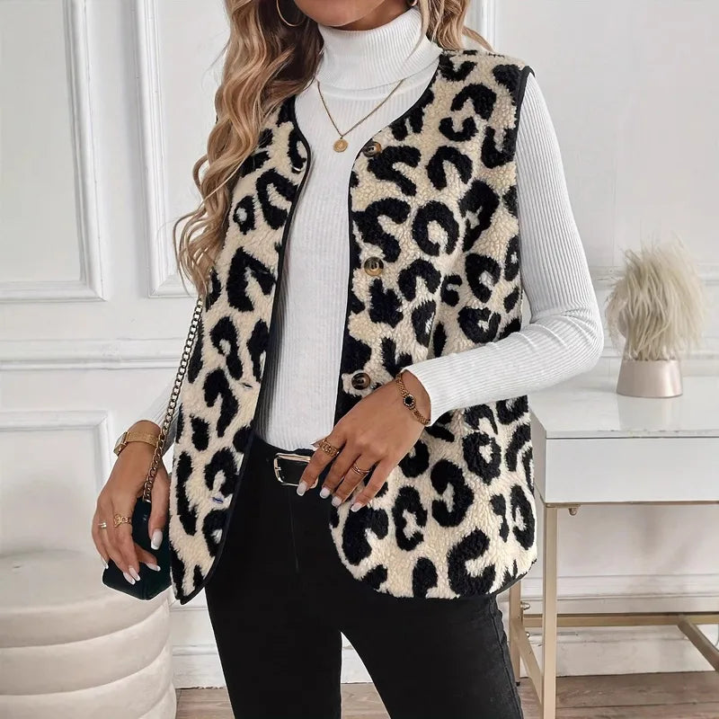 Eve Leopard Print Plush Button Up Vest
