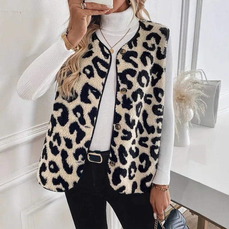 Eve Leopard Print Plush Button Up Vest