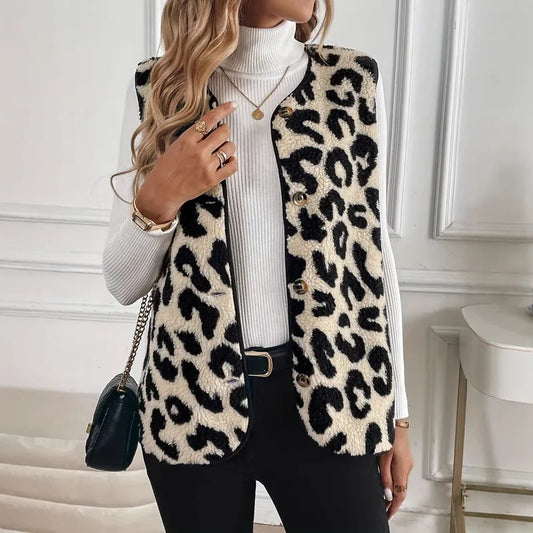 Eve Leopard Print Plush Button Up Vest
