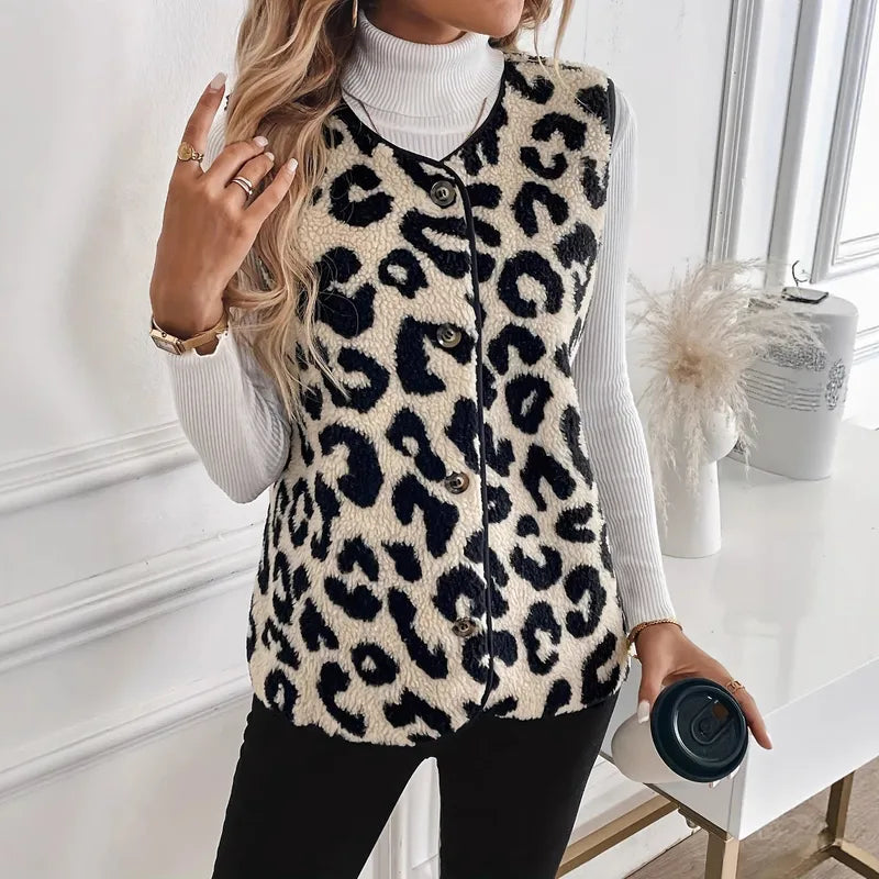 Eve Leopard Print Plush Button Up Vest