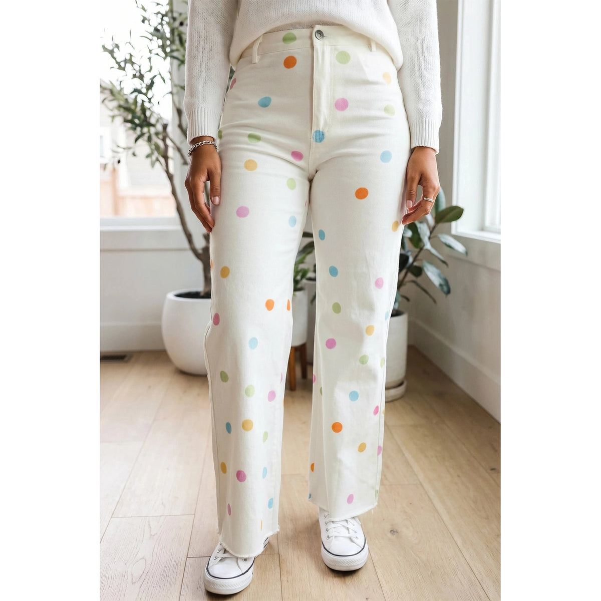 Evella White High Waist Polka Dot Straight Leg Casual Jeans