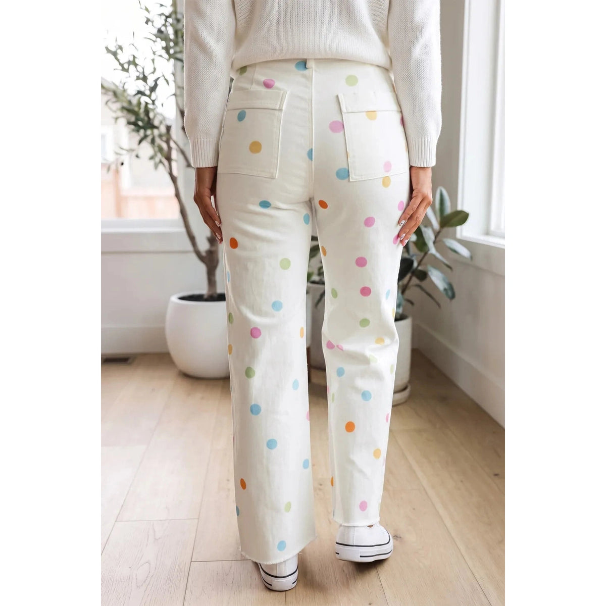 Evella White High Waist Polka Dot Straight Leg Casual Jeans