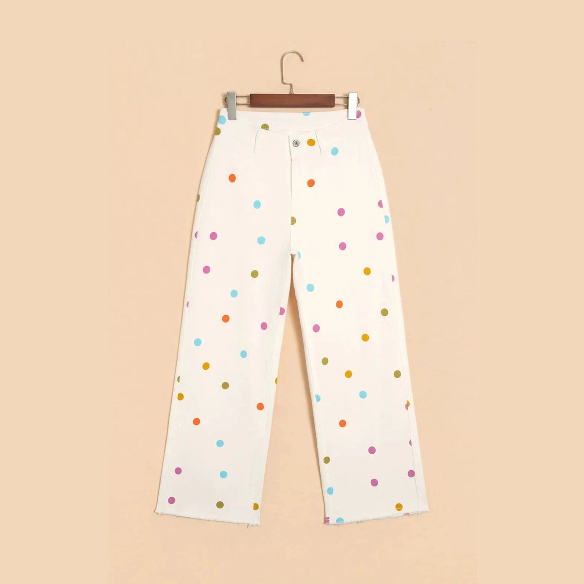 Evella White High Waist Polka Dot Straight Leg Casual Jeans