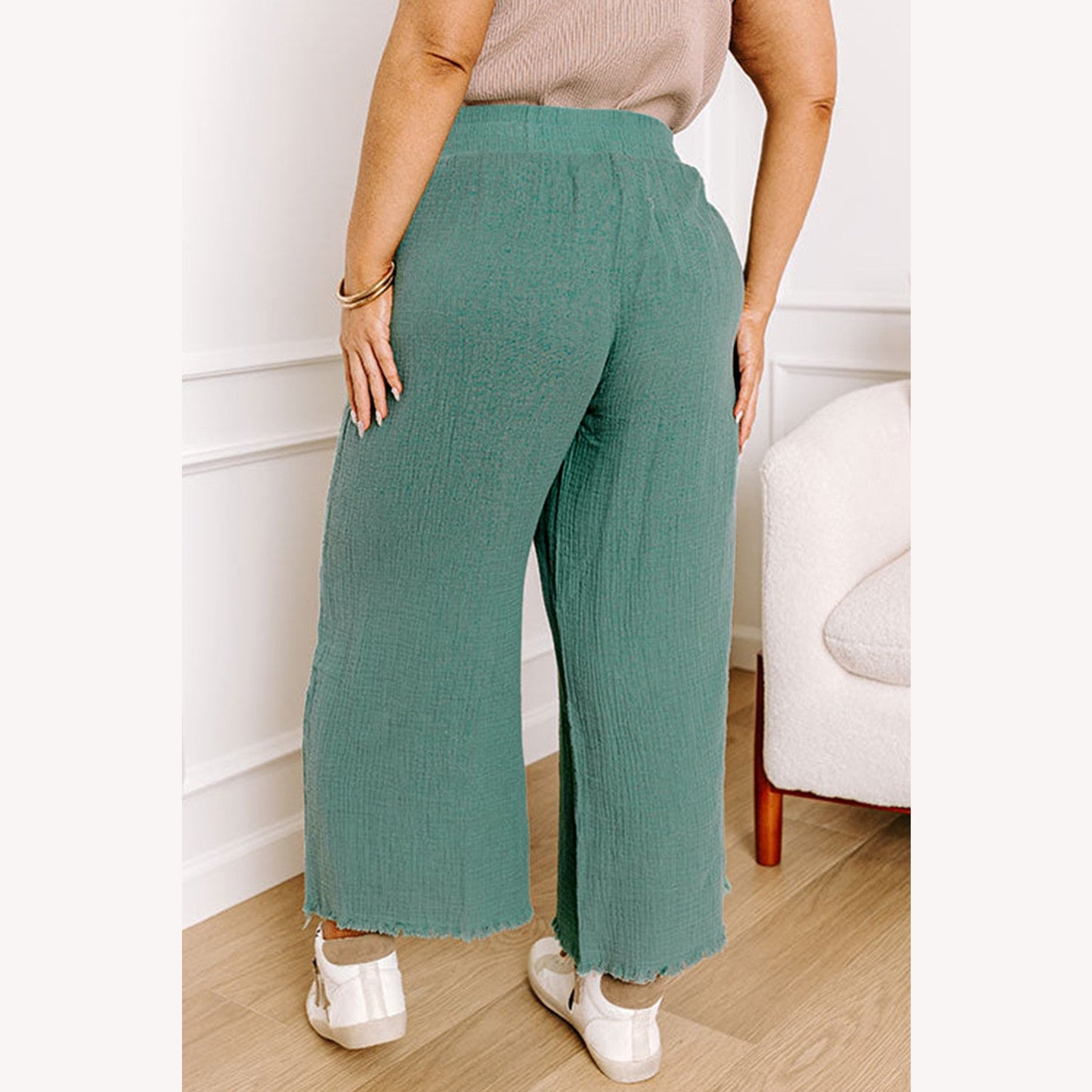 Everlee Green PLUS SIZE Textured Frayed Edge Wide Leg Pants